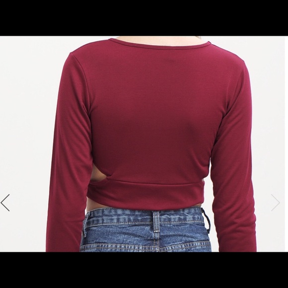 Wine Red Cut Out Comfortable Sexey Crop T-Shirt - Picture 4 of 4