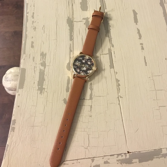 Brown leather black floral watch