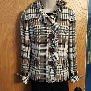 Plaid etcetera jacket. Leather detail at cuffs.