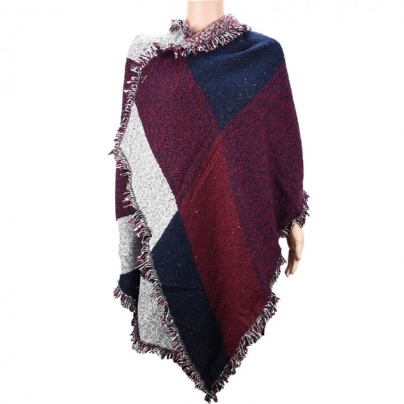 Plaid Cashmere Blanket Scarf Wrap Red Blue White - Picture 2 of 4