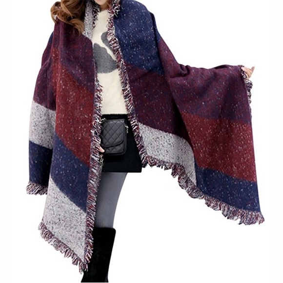 Plaid Cashmere Blanket Scarf Wrap Red Blue White - Picture 3 of 4