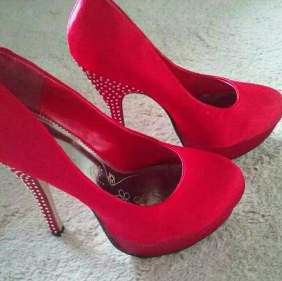 4 inch red hot heels rhinestones and suade-like
