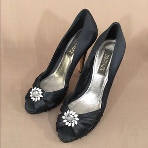 Badgley Mischka peep toe jeweled satin heels