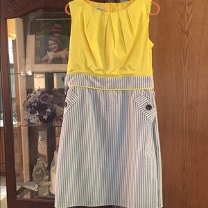Yellow and grey pin stripped pencil dress