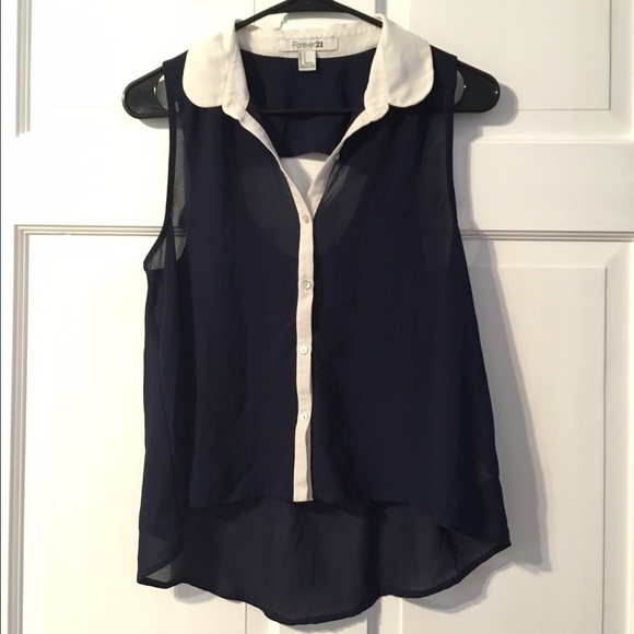 collared sleeveless navy button down blouse - Picture 1 of 3