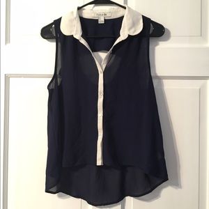 collared sleeveless navy button down blouse