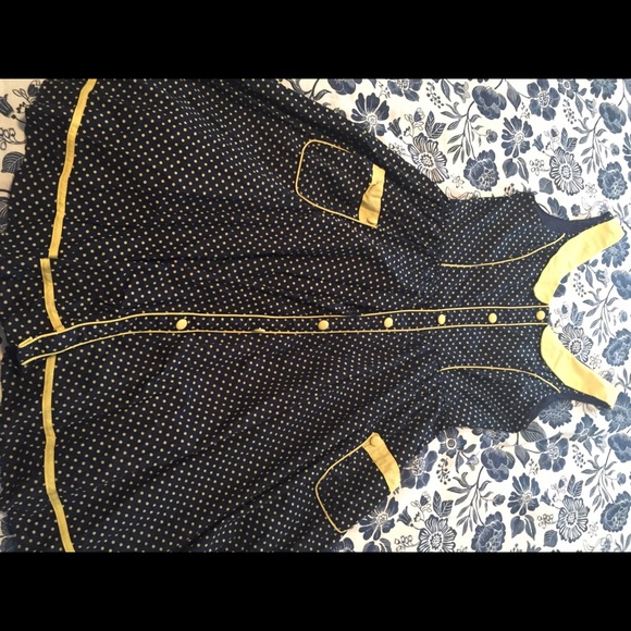 Navy and yellow polka dot swing dress