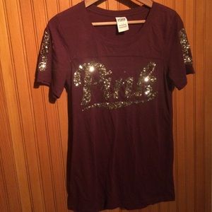 PINK VS Scoop-Neck Sequined Campus T in Burgundy