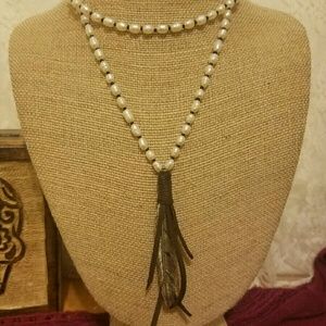 Pearl, Leather Feather Necklace