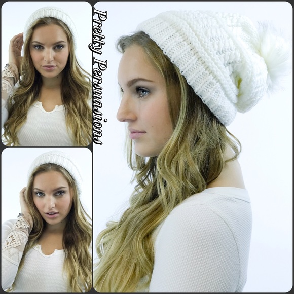 NWT White Pom Pom Slouchy Beanie Hat - Picture 3 of 4