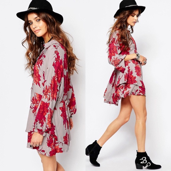 FP coral floral oversized shirt dress tunic wrap