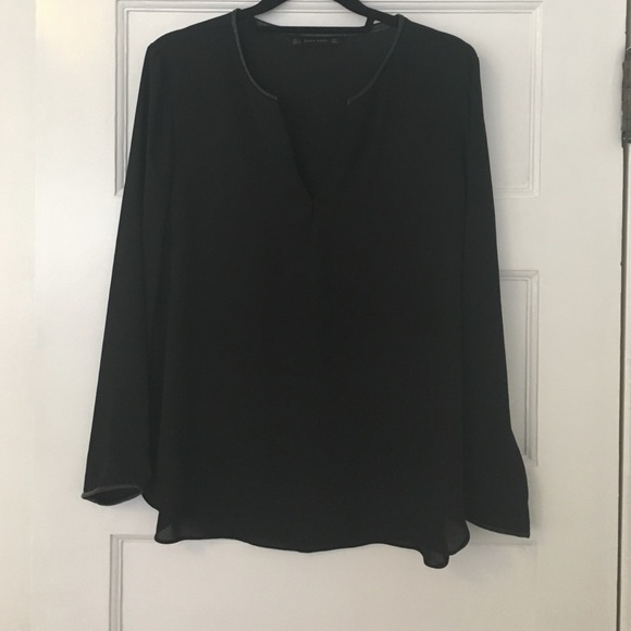 Black blouse with leather trim