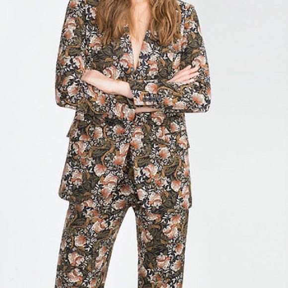 Zara Green and Brown Floral Print Blazer