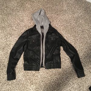 Black leather jacket w/ grey hoodie attached