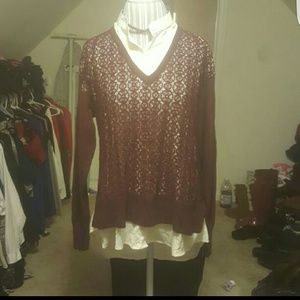 Vera Wang Mock-Layer Lace Sweater XL EC