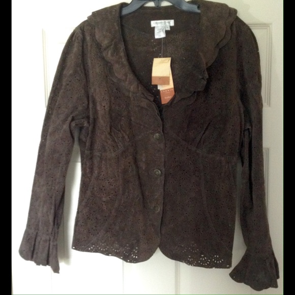NWT COLDWATER CREEK Brown Floral Suede Jacket Sz L - Picture 1 of 4