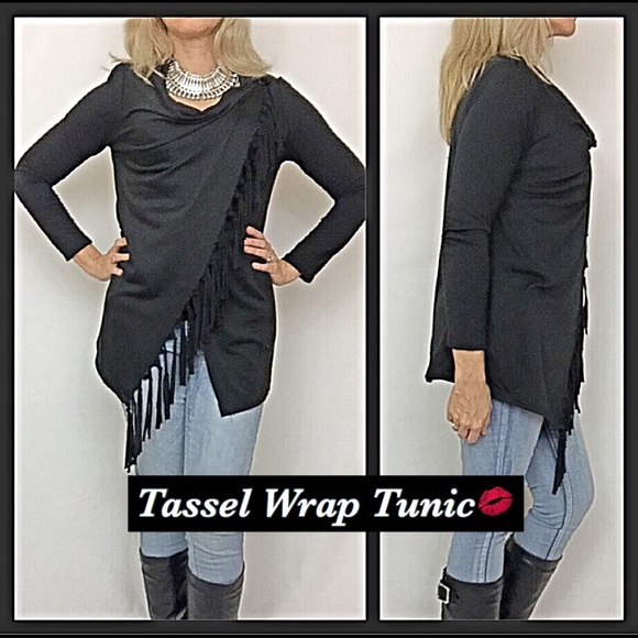 Showstopper Black Tassel Wrap Cowl Neck Tunic SM - Picture 3 of 4