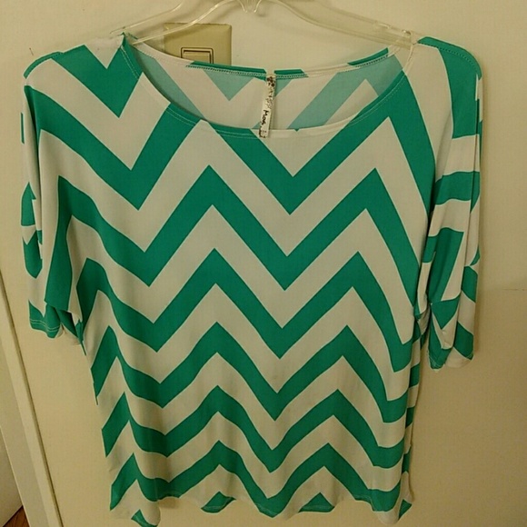 Short sleeved Chevron, teal and white blouse.