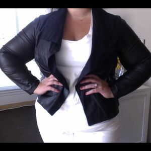 Faux leather drape front jacket