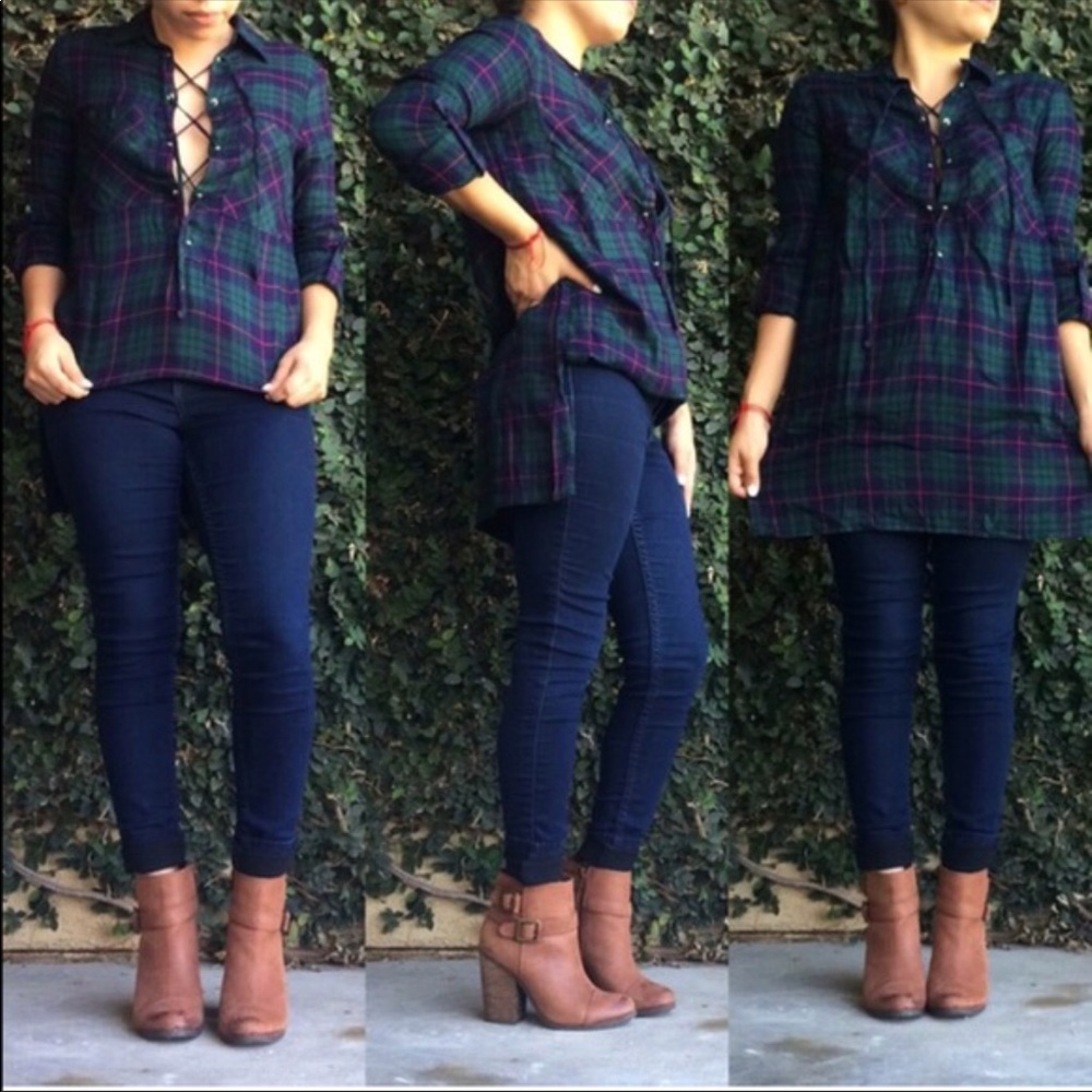 Lace-Up Plaid Blouse - Picture 3 of 5