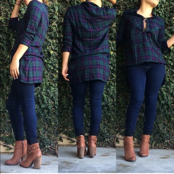 Lace-Up Plaid Blouse - Picture 5 of 5