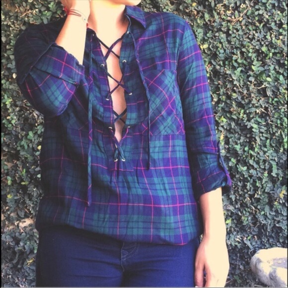 Lace-Up Plaid Blouse - Picture 2 of 5