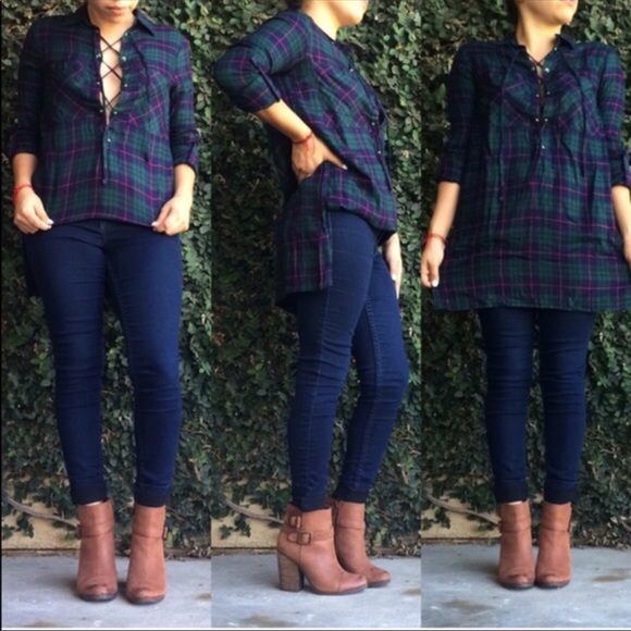 Lace-Up Plaid Blouse - Picture 2 of 5