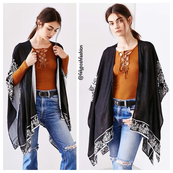 Urban Outfitters Black / White  Floral Open Poncho