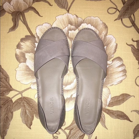 Gray leather, open-toed flats. Very gently worn!