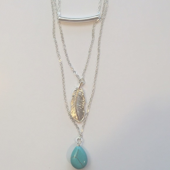 Turqouise & Feather Long Layered Necklace