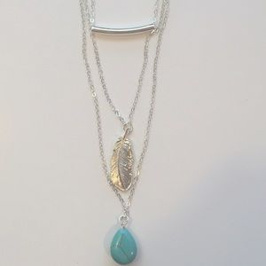 Turqouise & Feather Long Layered Necklace