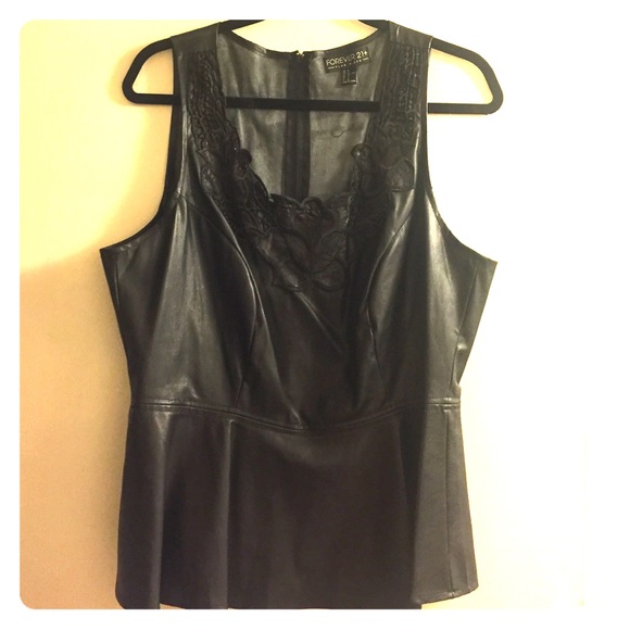 Black faux leather peplum top
