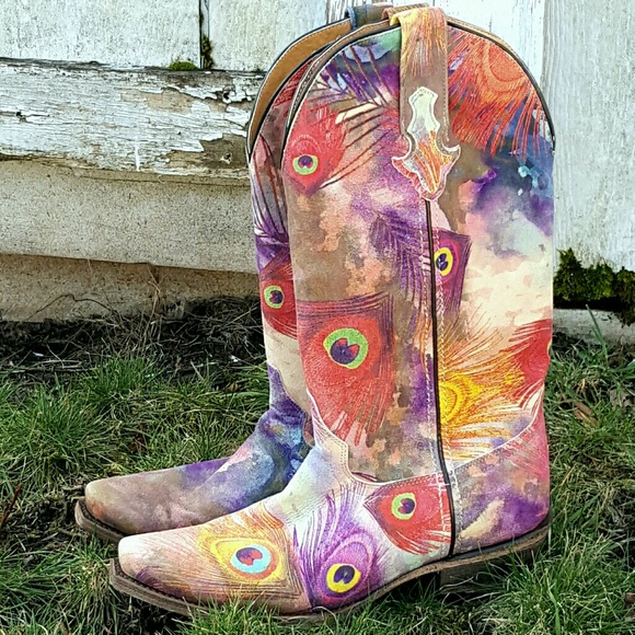 Stunning Western Leather Peacock Cowgirl Boots - Picture 2 of 8