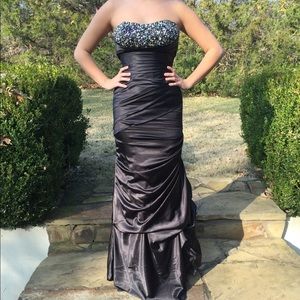 Stunning black silk fit and flair evening gown