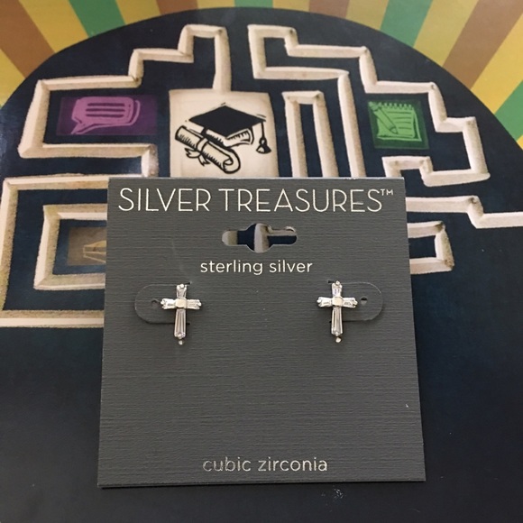 Sterling Silver Cubic Zirconia Cross Stud Earrings - Picture 2 of 2