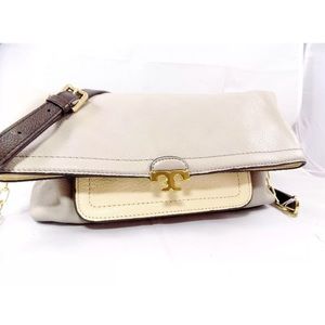 Tory Burch Gray Cream Black Leather Foldover Purse
