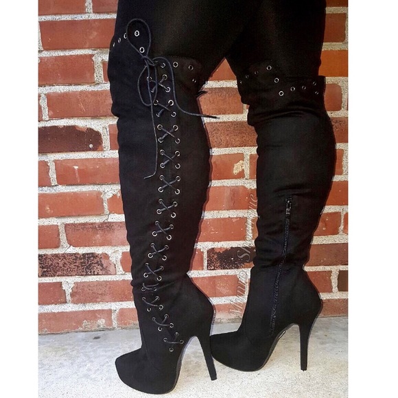 Black Trim Accent Over The Knee Platform Boots - Picture 2 of 3