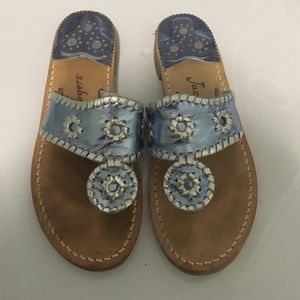 Metallic blue and silver jack rogers.