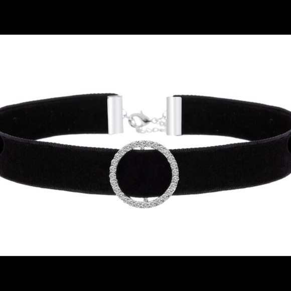 Velvet Choker Necklace with Crystal Circle Charm - Picture 2 of 3