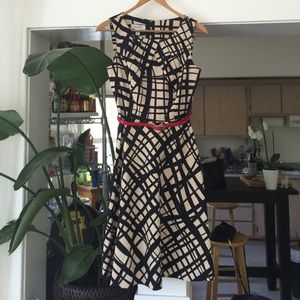 Lattice Print Dress with Red Belt