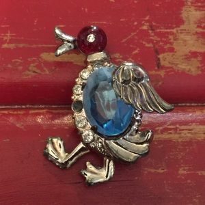Vintage Bird Brooch Gold w Blue, Red Stones Cute!
