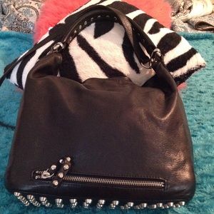 Italian Black Leather Handbag with Studded bottom.