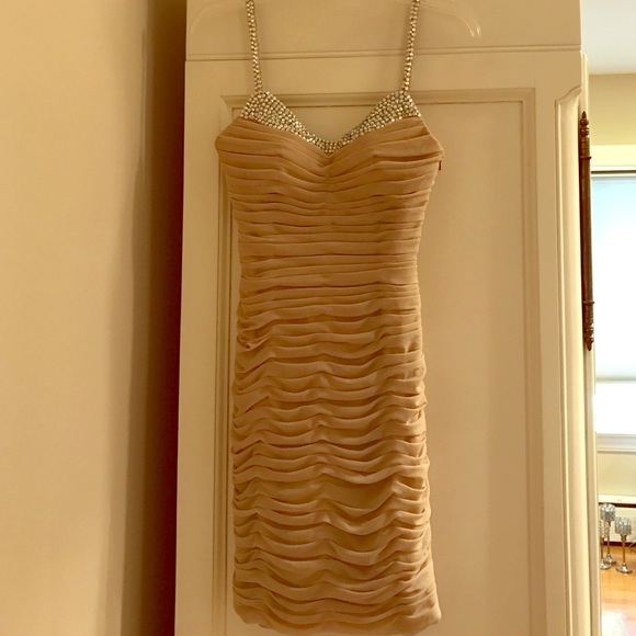 La Femme Beige Beaded Dress