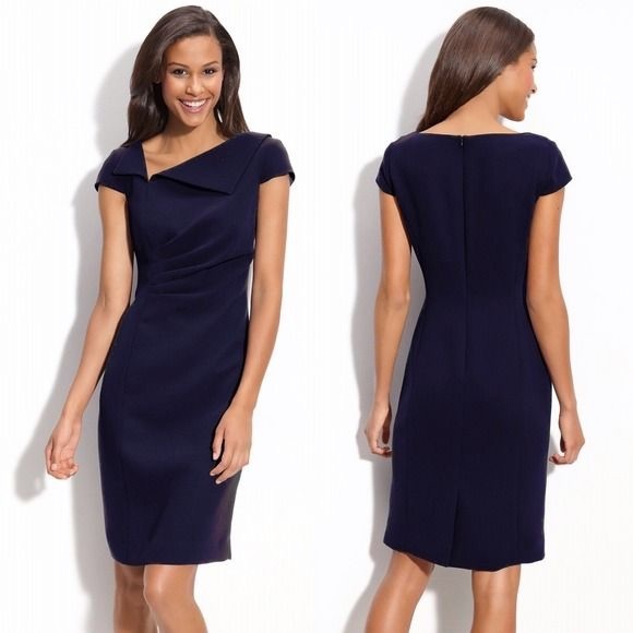 Tahari Asymmetrical Neck Navy Blue Dress