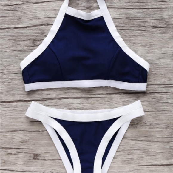 Blue and white halter bikini set