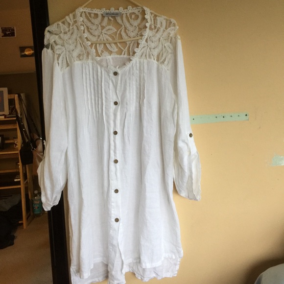NWOT Hi/Low Button Down White Linen Shirt Dress