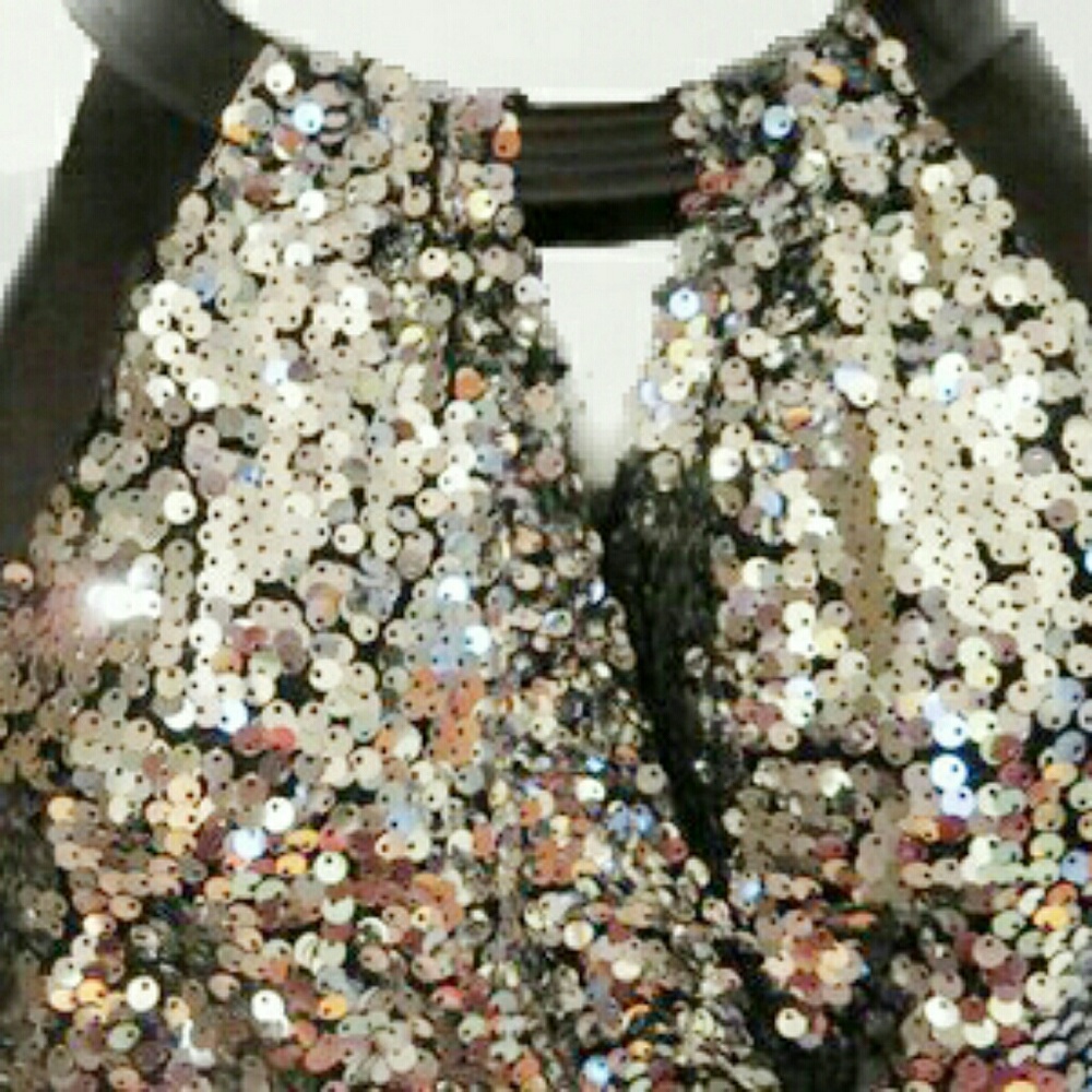 Tahari Silver Sequin  / Black Satin trim dress. - Picture 3 of 3