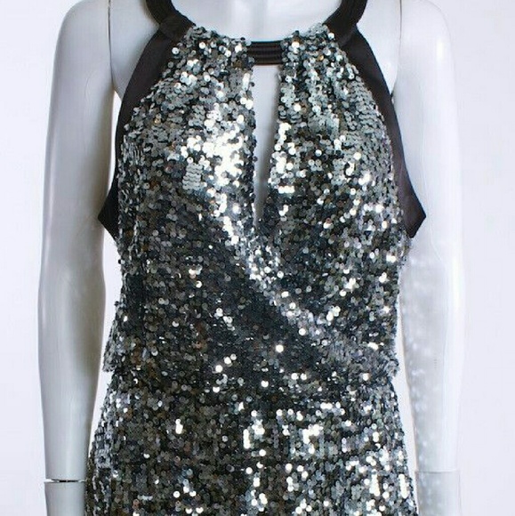 Tahari Silver Sequin  / Black Satin trim dress. - Picture 2 of 3