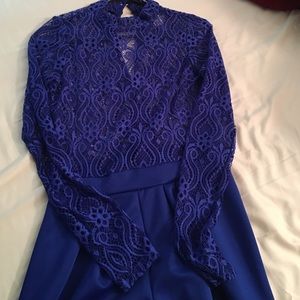 Blue full bodied lace romper with mock neck