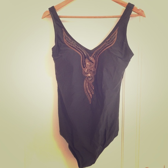 Sequined and embellished black swimsuit